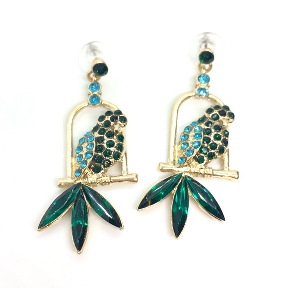 3/$30 RHINESTONE PARROT BIRD EARRINGS BLUE GREEN GOLD TONE TROPICAL DANGLE DROP - Picture 6 of 14